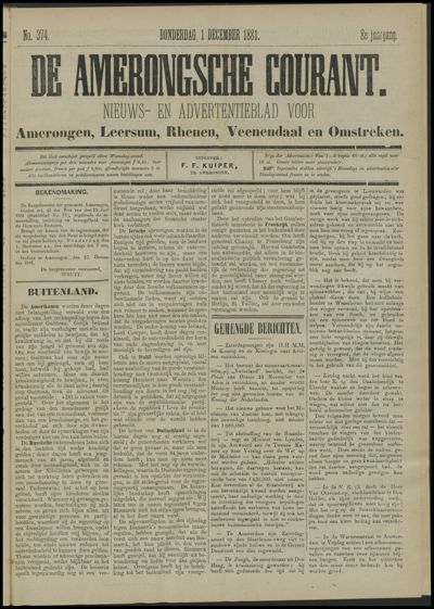 De Amerongsche Courant, 1 december 1881 (jrg. 8)