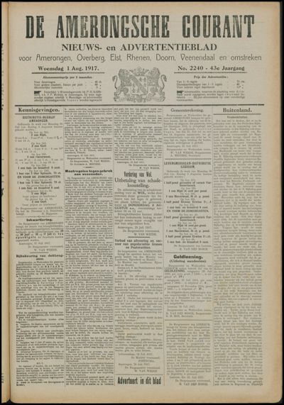 De Amerongsche Courant, 1 augustus 1917 (jrg. 43)