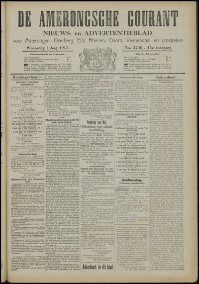 De Amerongsche Courant, 1 augustus 1917 (jrg. 43)