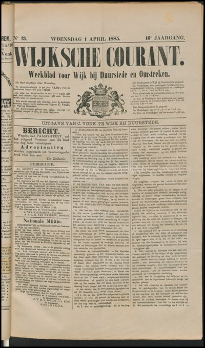 Wijkse Courant, 1 april 1885 (nr. 13, jrg. 16)