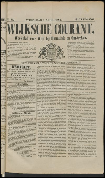 Wijkse Courant, 1 april 1885 (nr. 13, jrg. 16)