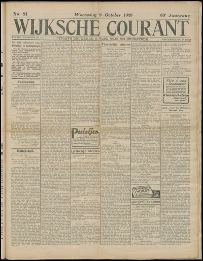 Wijkse Courant, 9 oktober 1929 (nr. 81, jrg. 60)