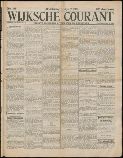 Wijkse Courant, 1 april 1931 (nr. 26, jrg. 62)