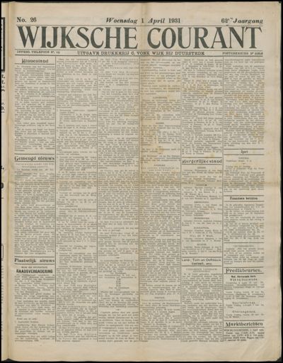 Wijkse Courant, 1 april 1931 (nr. 26, jrg. 62)