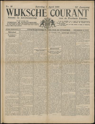 Wijkse Courant, 1 april 1933 (nr. 26, jrg. 64)