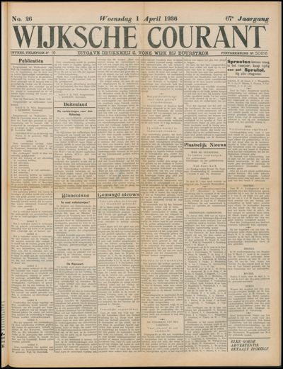 Wijkse Courant, 1 april 1936 (nr. 26, jrg. 67)