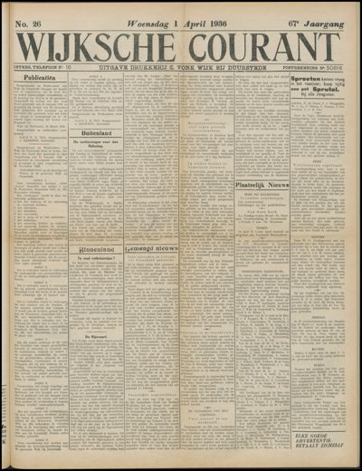 Wijkse Courant, 1 april 1936 (nr. 26, jrg. 67)
