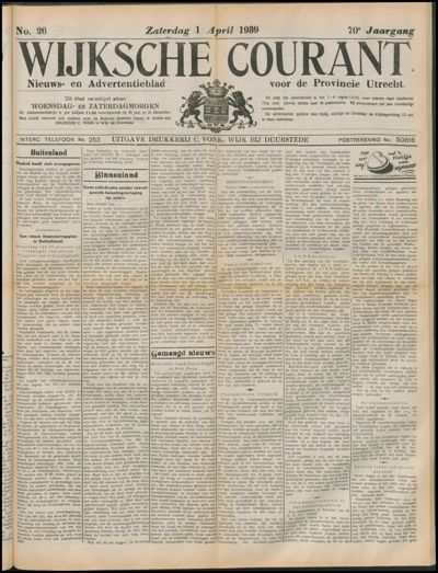 Wijkse Courant, 1 april 1939 (nr. 26, jrg. 70)