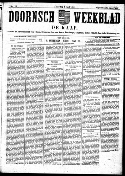 De Kaap, 1 april 1922