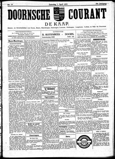 De Kaap, 1 april 1933