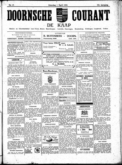 De Kaap, 1 april 1939