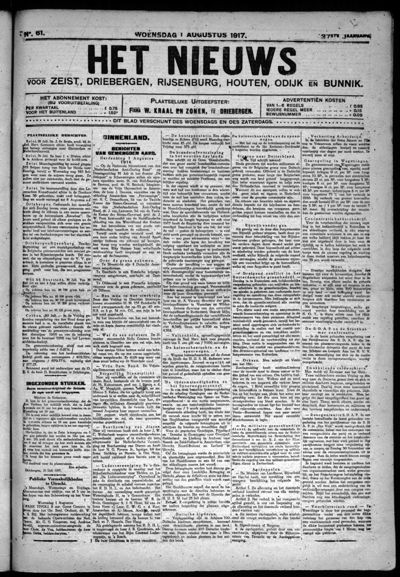 Het Nieuws, 1 augustus 1917 (nr. 61, jrg. 37)