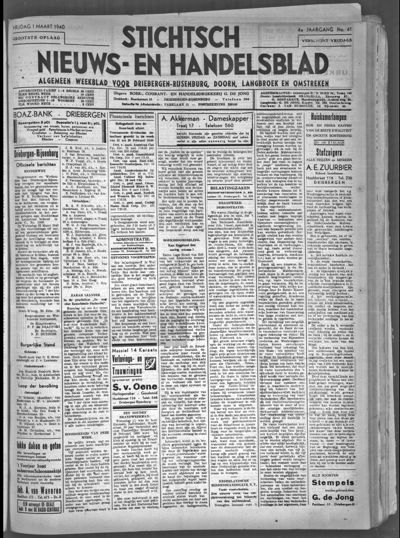 Stichts Nieuws- en Handelsblad, 1 maart 1940 (nr. 41, jrg. 4)
